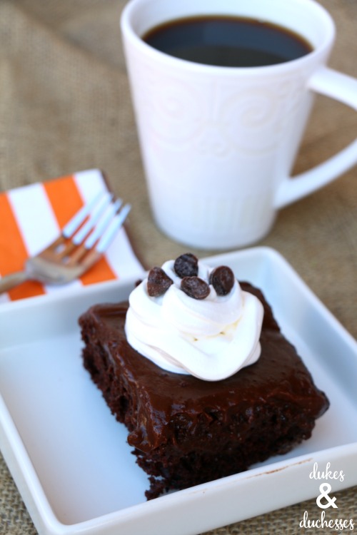 chocolate poke cake with espresso pudding