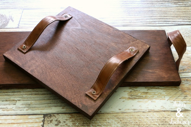 DIY rustic wooden tray with leather handles