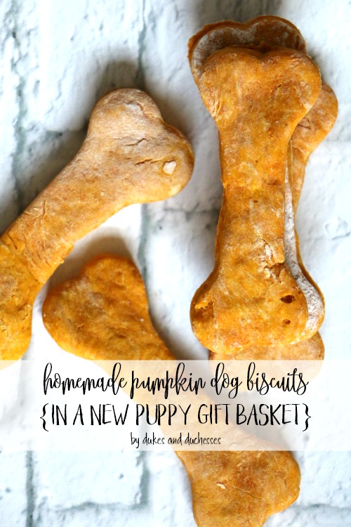 homemade pumpkin dog biscuits in a new puppy gift basket