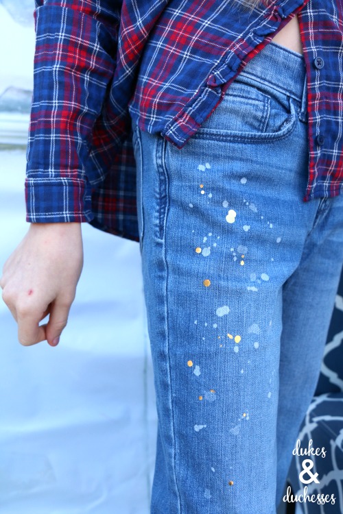 gold and metallic splatters on oshkosh jeans