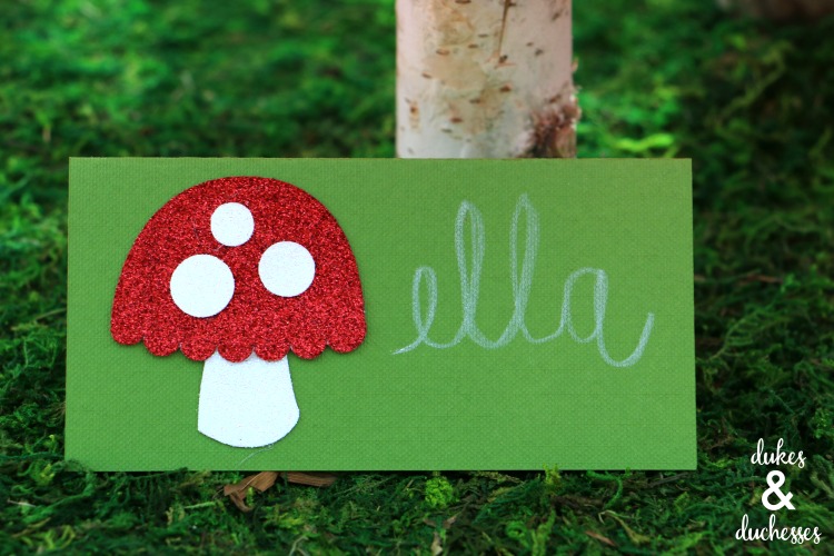 glitter toadstool placecard for party