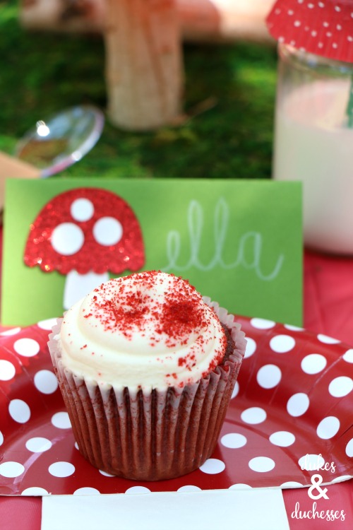 red velvet cupcakes at toadstool party