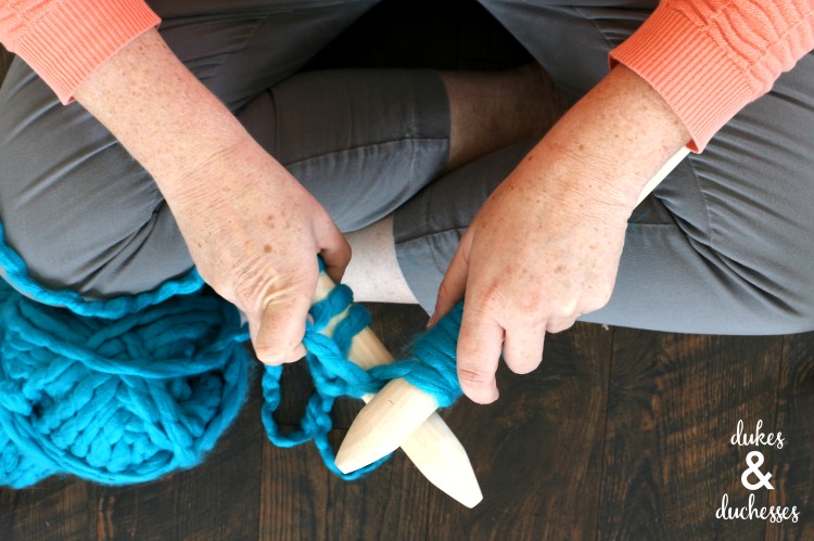 knitting with DIY jumbo knitting needles