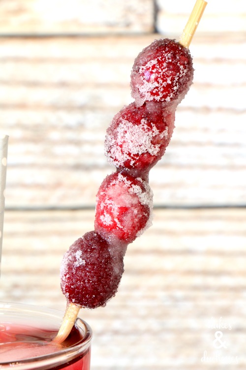 skewered sugared cranberries in cocktail