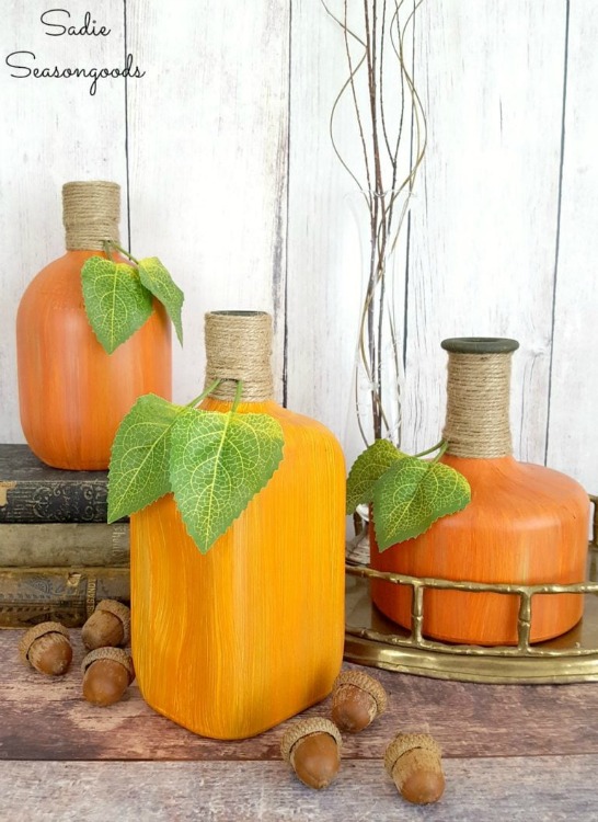 upcycled glass bottle pumpkins