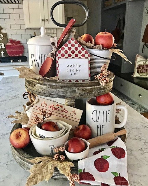 apple themed tiered tray for fall